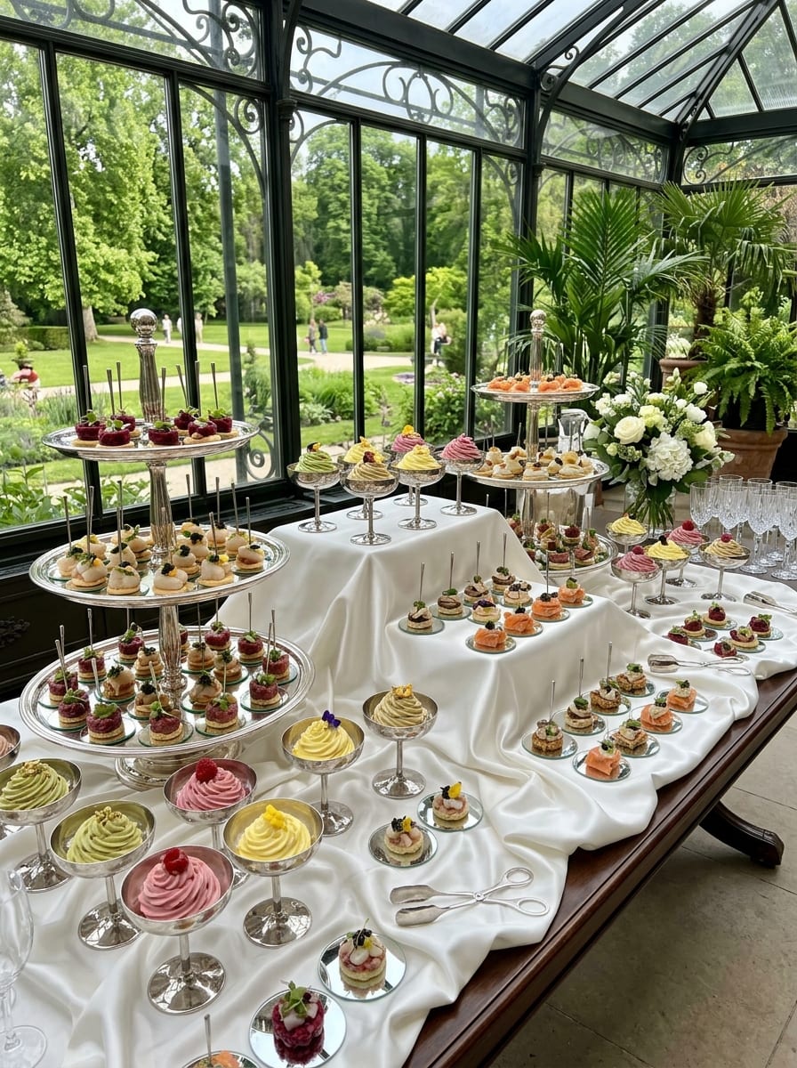 Avant-garde cocktail catering display with pastel mousses and minimalist canapes on mirrored trays